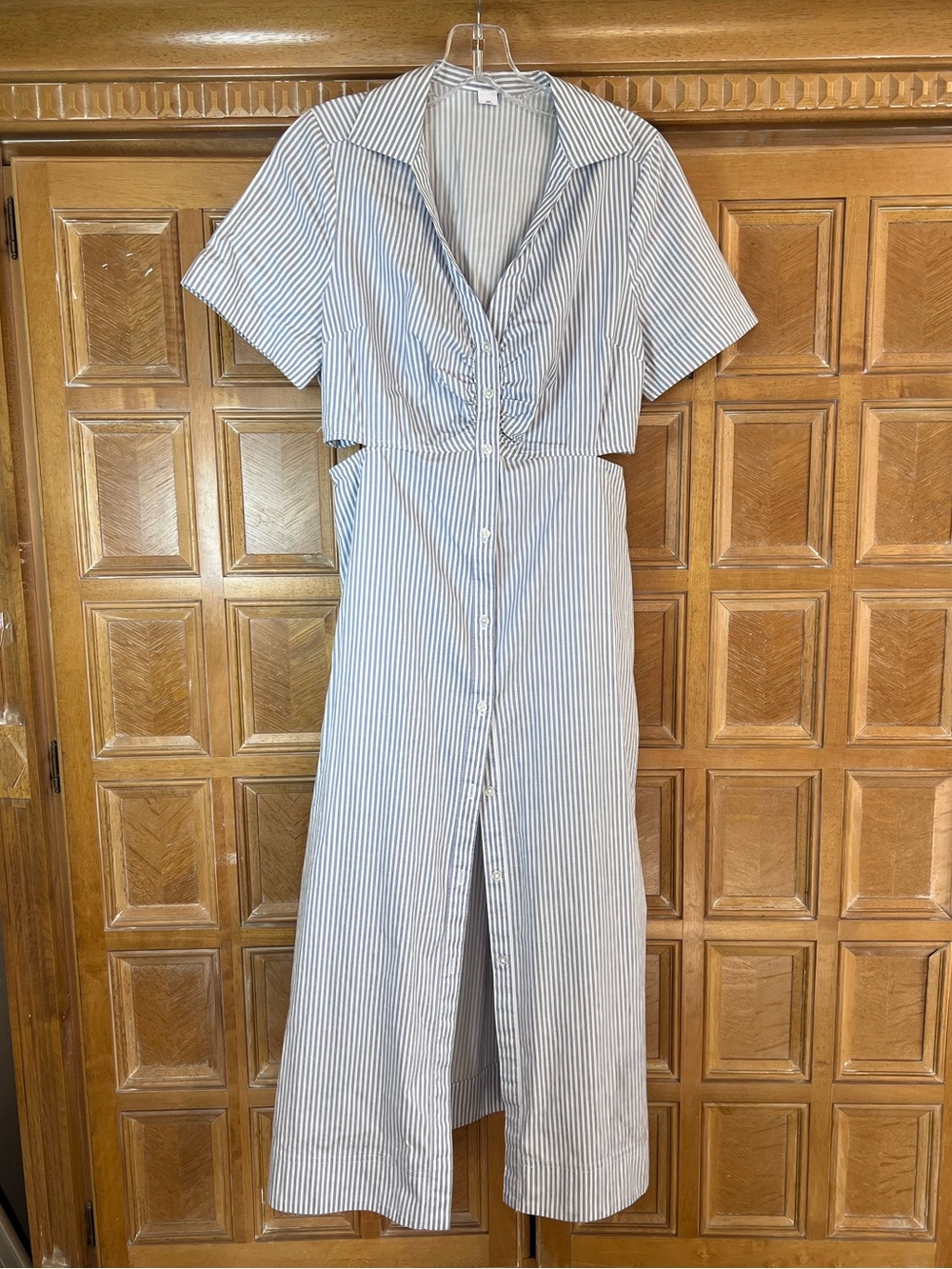 Old Navy Striped Cutout Shirt Dress Small Blue White Button Front Midi